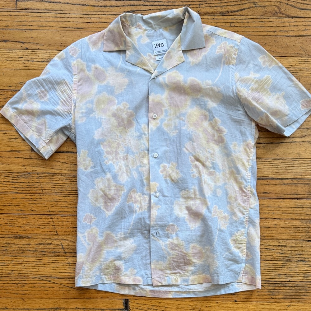 Zara Men's Casual Shirt - Pastel Blue and Tan Pattern